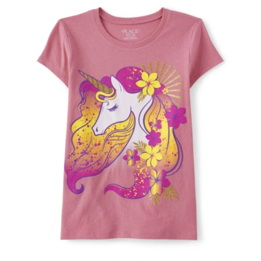 NEW - The Children’s Place Girls Unicorn Graphic Tee - Deco Shell. Medium (7/8)